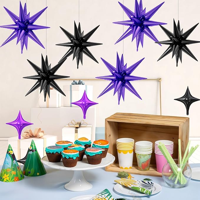 18 Pcs Black Purple Star Balloons, Purple and Black Stars Foil Balloon with 6 Pcs 22-Inch Explosion Star Balloons 12Pcs 10-Inch Four Pointed Stars Balloon for Birthday Halloween Party Decoration