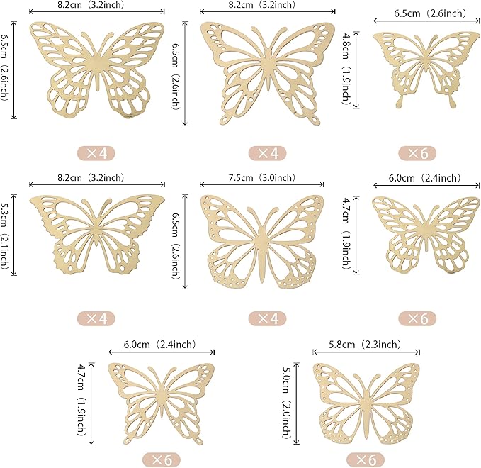 40 PCS Laser 3D Butterfly Cupcake Toppers Hollow Arts Cake Decorations for Baby Shower Wedding Fairy Birthday Party Supplies Wall Sticker Decoration Mixed Styles Gold