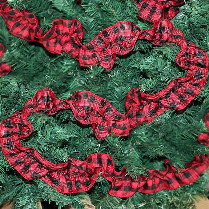 Jishi Christmas Tree Ribbon Garland Buffalo Plaid Christmas Decorations, 9 Ft X 6 Rolls Red and Black Buffalo Check Fabric Tree Ribbon Garland, Vintage Farmhouse Country Rustic Xmas Holiday Home Decor