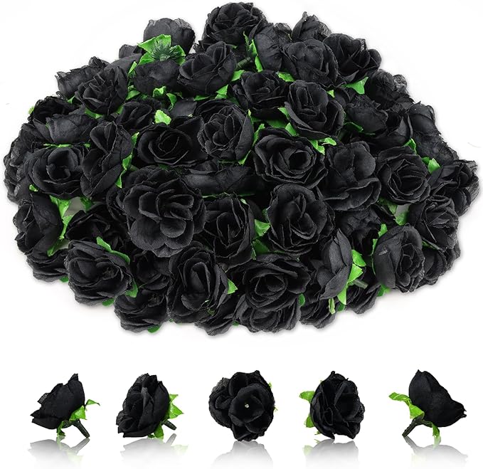 100pcs Black Roses Artificial Flowers Bulk 1.3 Inch Fake Mini Back Rose Heads Silk Black Roses for Decor DIY Crafts Wedding Party Home Decor ﻿