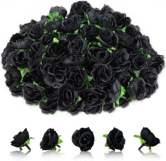 100pcs Black Roses Artificial Flowers Bulk 1.3 Inch Fake Mini Back Rose Heads Silk Black Roses for Decor DIY Crafts Wedding Party Home Decor ﻿