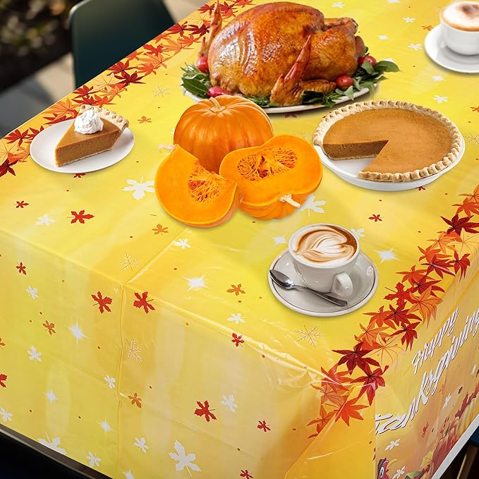 Mornajina 4 Packs 108 x 54 Inch Thanksgiving Fall Tablecloth - Plastic Autumn Maple Leave Pumpkin Table Cover for Party Decoration