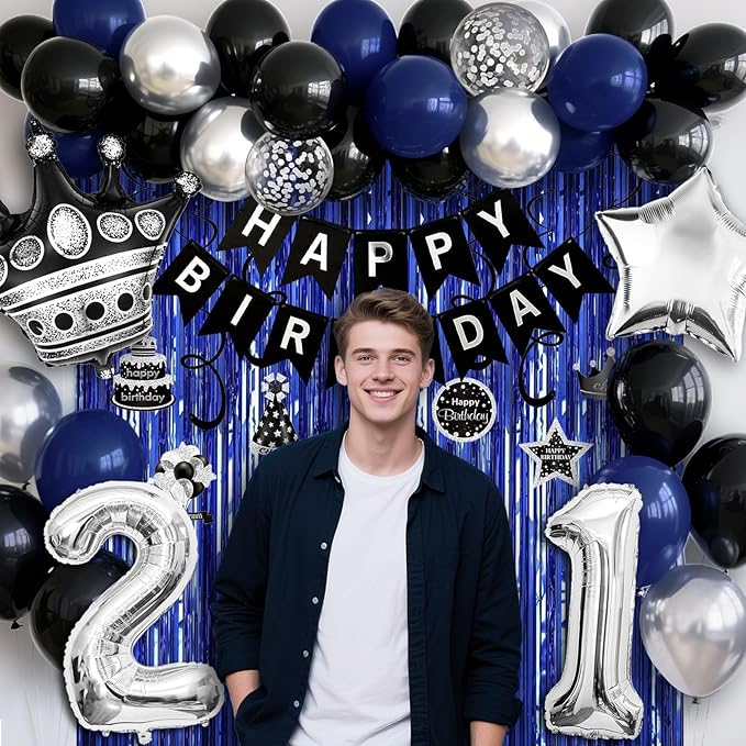 21st Birthday Decorations for Men and Women, Black Blue Silver Happy Birthday Number 21 Balloons, Banner, Fringe Curtains Garland Kit - 21 Year Old Party Supplies
