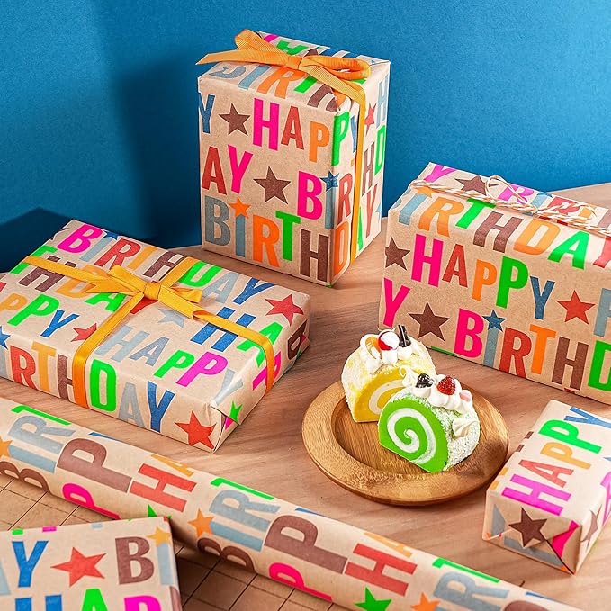 WRAPAHOLIC 30 Inch Jumbo Kfaft Birthday Wrapping Paper Roll - 30 Inch x 33 Feet - Colorful Happy Birthday Wrapping Paper for Girls Boys Kids, Baby Shower, Party