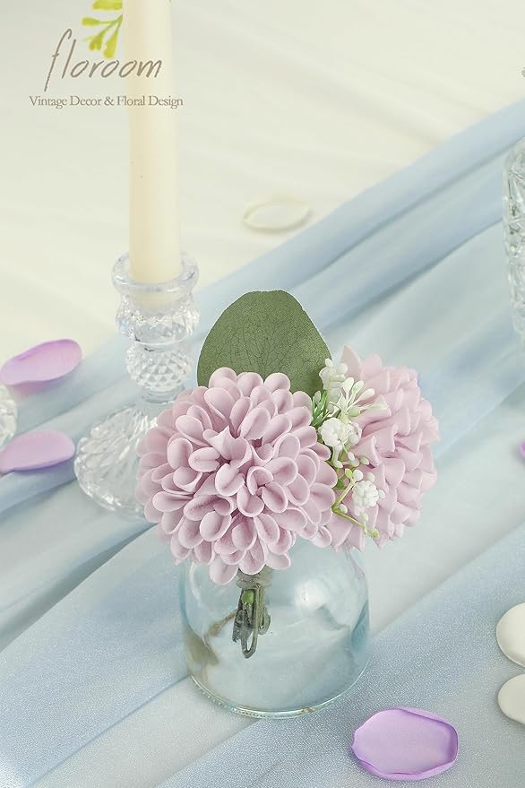 Floroom Artificial Dahlia Flowers 25pcs Real Looking Pale Lavender Foam Fake Roses with Stems for DIY Wedding Bouquets White Bridal Shower Centerpieces Floral Arrangements Party Tables Home Decoration