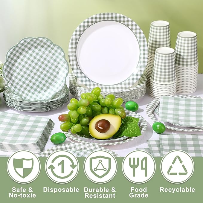250 Pcs Sage Green Gingham Paper Plates and Napkins Party Supplies Green and White Checkered Disposable Plaid Tableware Set for Wedding Bridal Shower Farmer Market Picnic Party Decorations