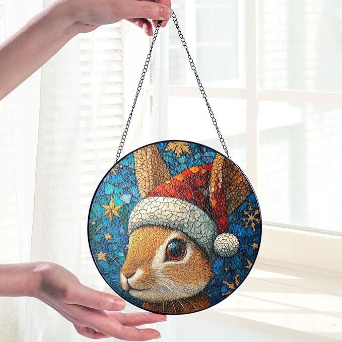 Desert Cottontail Rabbit Stained Glass Window Hanging Decor - Desert Cottontail Rabbit Christmas Decor - Wall Decor for Indoor Outdoor - Xmas Gift for Home Decor