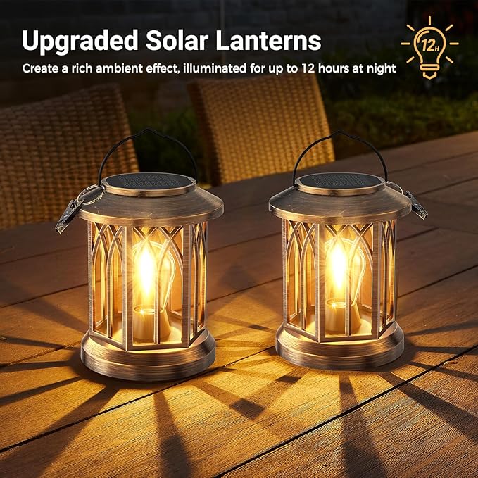 WdtPro Solar Lanterns Outdoor Lights, 2 Pack Bright Lanterns Outdoor Waterproof with Clip Patio Decor, Hanging Solar Lights for Outside Garden Yard Front Porch Table Decoration (Antique Copper)