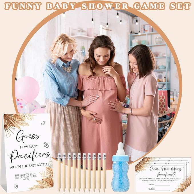 Roowest 512 Pcs Baby Shower Games Guess How Many Pacifiers Sign 100 Small Guessing Games 10 HB Pencils 750ml Milk Bottle 400 Acrylic Pacifiers Decoration for Guest Gender Reveal(Blue,Boho)