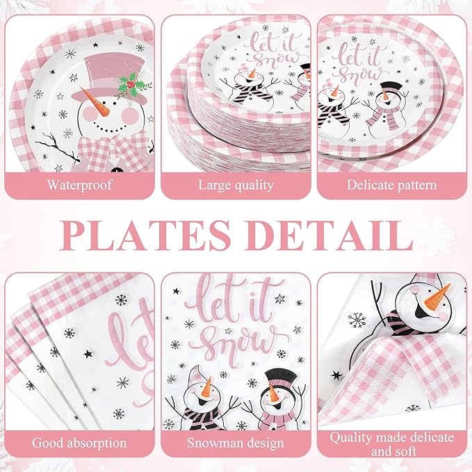250 Pcs Christmas Snowman Paper Plates and Napkins Party Supplies Pink White Buffalo Plaid Winter Disposable Tableware Set for Christmas Winter Holiday Xmas Party Decoration