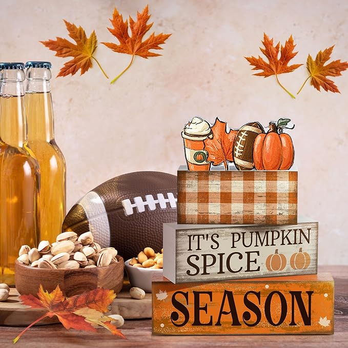 4 Pcs Fall Football Decorations for Home Thanksgiving Table Decor Fall Tiered Tray Decor Decorative Football Maple Leaves Pumpkins Block Signs Farmhouse Thanksgiving Centerpiece for Home