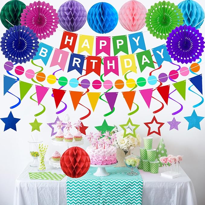 Birthday Decorations Colorful Happy Birthday Banner Paper Fans Honeycomb Balls Hanging Swirl Stars Triangles Dots Garland Cupcake Toppers Party Decorations for Women Men