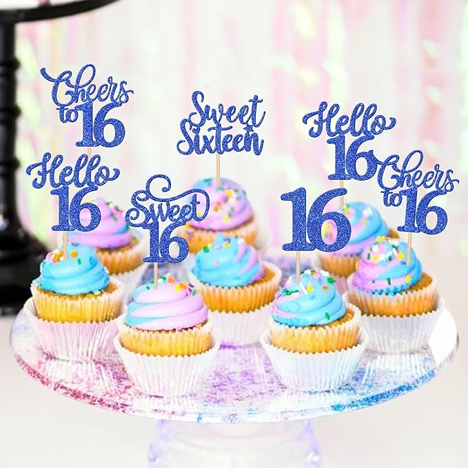 30PCS Happy 16th Birthday Cupcake Toppers Glitter Sweet Sixteen Hello 16 Cupcake Picks Cheers to 16 Birthday Decorations for 16th Birthday Anniversary Party Cake Decoration Supplies Blue