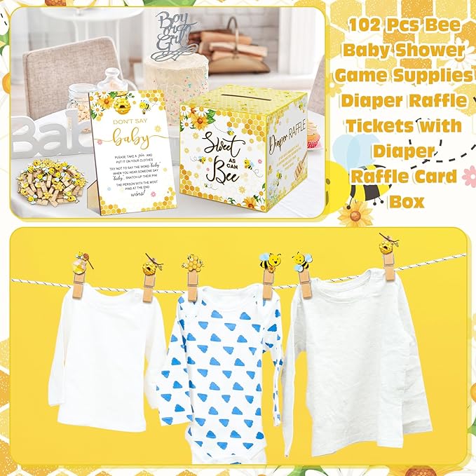 102 Pcs Baby Shower Game Supplies Diaper Raffle Tickets with Diaper Raffle Card Box Don't Say Baby Sign Mini Clothespin Shower Game Decor for Gender Reveal (Bee)