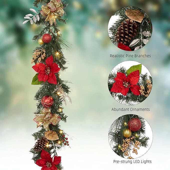 GarveeHome Prelit Christmas Garland for Mantle, 6 ft Battery Operated Xmas Garland with 20 LED Lights Timer Red Gold Balls for Fireplace Stair Railing TV Stand Indoor Outdoor Holiday Decor