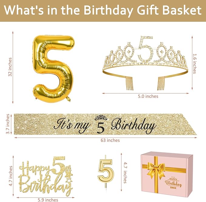 5th Birthday Decorations for Girls, Including Sash and Tiara, 5 Candles and Cake Toppers, Number 5 Balloon Gold, 5th Birthday Gifts for Girls (Gold)