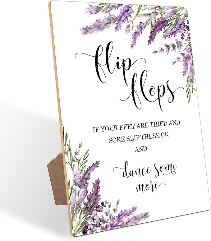 Wedding Flip Flops Sign, Lavender Bridal Shower Decorations, Engagement Party Decor, Centerpieces for Tables, Purple Floral Wooden Sign with Stand for Wedding Reception And Bridal Party Decor, 32