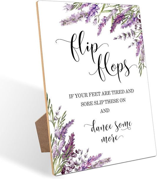 Wedding Flip Flops Sign, Lavender Bridal Shower Decorations, Engagement Party Decor, Centerpieces for Tables, Purple Floral Wooden Sign with Stand for Wedding Reception And Bridal Party Decor, 32