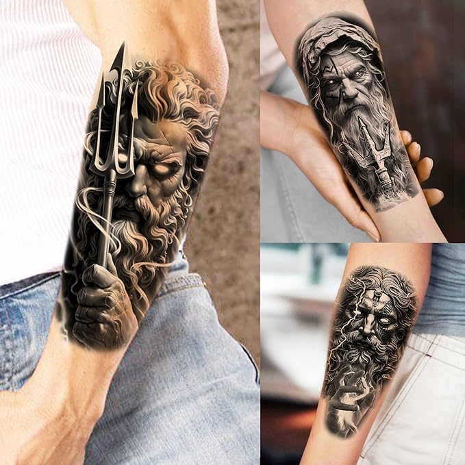 74 Sheets Black King Of The Greek God Zeus Temporary Tattoos For Women Men Adults Mythology, Poseidon Trident Halloween Fake Tattoo Stickers Compass Tribal Eye Totem, Temp Gothic Tattoo Lightning Bolt