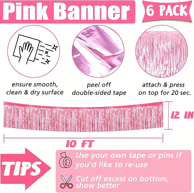 6 Pack 10 Feet Foil Fringe Garland Metallic Tinsel Banner Wall Hanging Curtain Streamers Backdrop for Parade Floats Bachelorette Wedding Birthday Party Thanksgiving Christmas Decorations(Pink)