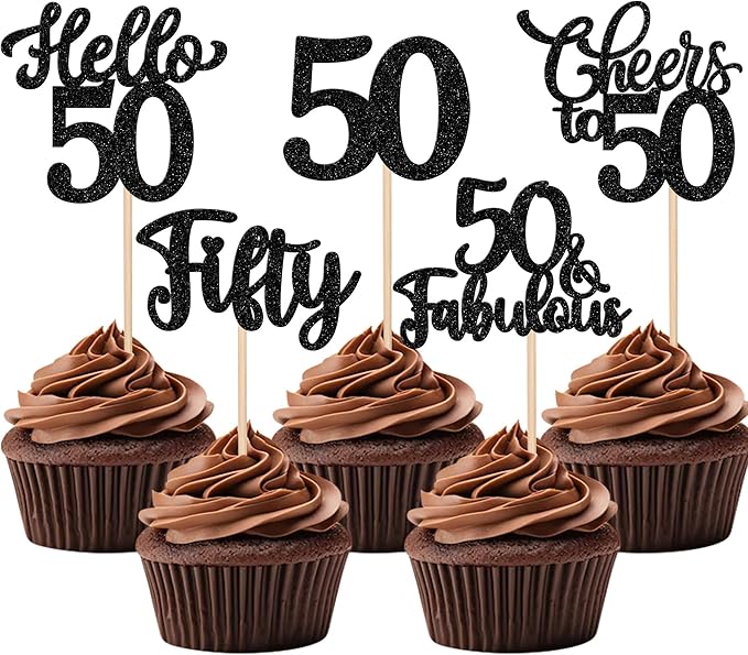 30PCS Happy 50th Birthday Cupcake Toppers Glitter Hello 50 Fabulous Fifty Cheers to 50 Years Old Birthday Cupcake Picks for Happy 50th Birthday Anniversary Party Cake Decorations Supplies Black
