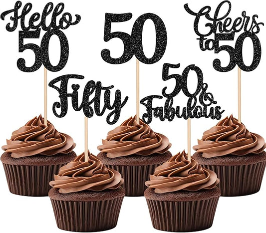 30PCS Happy 50th Birthday Cupcake Toppers Glitter Hello 50 Fabulous Fifty Cheers to 50 Years Old Birthday Cupcake Picks for Happy 50th Birthday Anniversary Party Cake Decorations Supplies Black