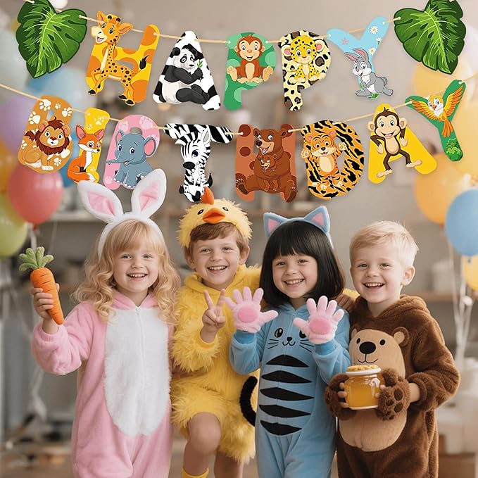 Safari Animal Birthday Banner, Jungle Theme Party Decorations, Zoo Party Supplies for Kids