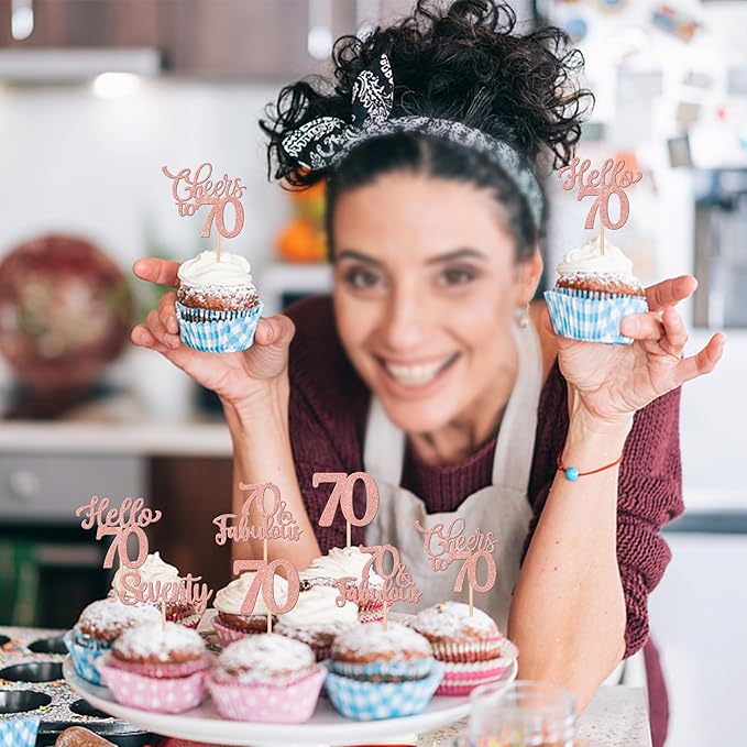 30PCS Happy 70th Birthday Cupcake Toppers Glitter Hello 70 Fabulous Seventy Cheers to 70 Years Old Birthday Cupcake Picks for Happy 70th Birthday Anniversary Party Cake Decorations Supplies Rose Gold