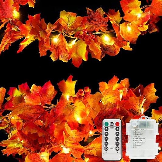 suddus Fall Garland with Lights Battery Operated, 20 LED Lighted Orange Fall Leaf Garland, Thanksgiving Fairy String Lights with Remote for Table, Mantle, Office, Porch, Halloween, Home Decoration