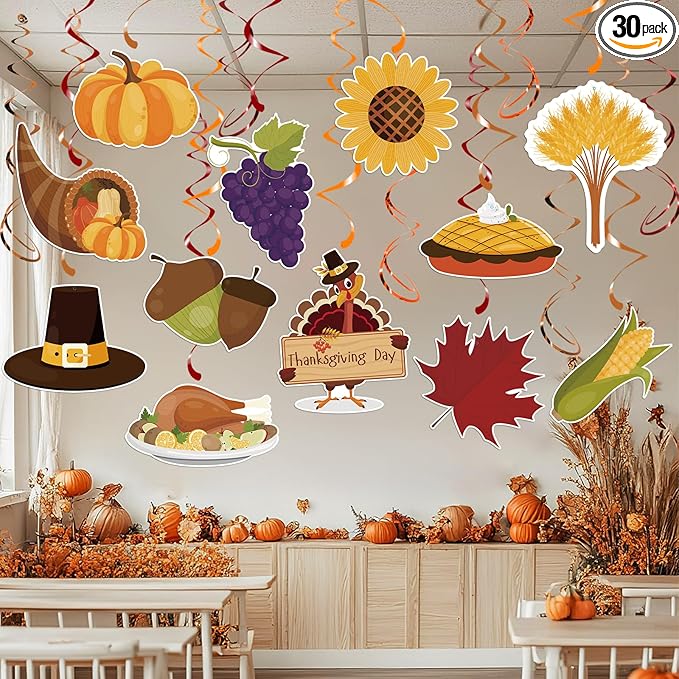 30pcs Thanksgiving Hanging Swirls, Thanksgiving Ceiling Hanging Decorations Turkey Pumpkin Acorn Ceiling Streamers for Give Thanks Classroom Friendsgiving Party Supplies