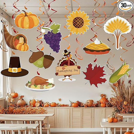 30pcs Thanksgiving Hanging Swirls, Thanksgiving Ceiling Hanging Decorations Turkey Pumpkin Acorn Ceiling Streamers for Give Thanks Classroom Friendsgiving Party Supplies
