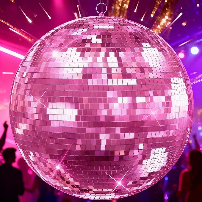 12 inch Pink Disco Ball, Hanging Mirror Ball, Wedding Decoration Disco Light Ball, Stage Lighting Effect，12/16/20 inch Home,Stage and Bar Glittering Decoration (12inch-Pink)