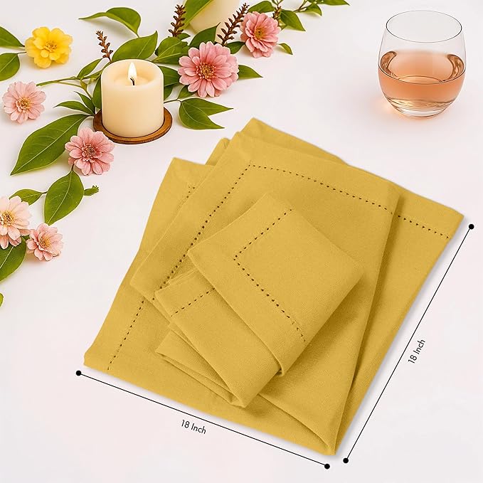 Ruvanti Cloth Napkins - 100% Cotton Dinner Napkins, Hem Stitched Corners, 18x18 Inch, 12 Pack - Soft, Absorbent, Durable, Reusable, Wrinkle Resistant for Formal Dining & Everyday Use - Spicy Mustard
