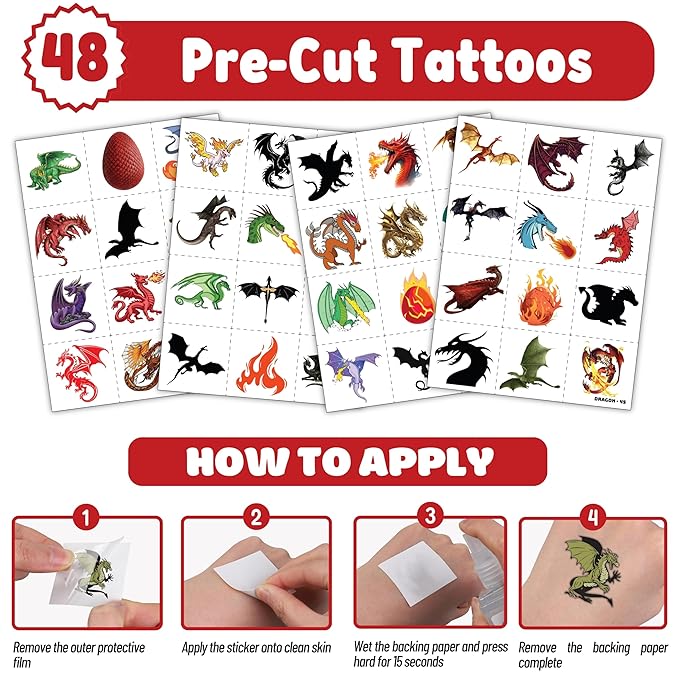 72PCS Dragon Party Set | 48PCS Temporary Pre-cut Tattoos & 24PCS Slap Bracelets Fun Fantasy Themed Birthday Supplies, Baby Shower Gifts, Classroom Rewards & Party Decor for Kids (Boys & Girls)