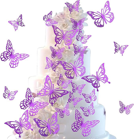 40 PCS Deep Purple Laser 3D Butterfly Cupcake Toppers - Hollow Arts Cake Decorations for Baby Shower, Wedding, Fairy Birthday Party Supplies - Wall Sticker Decoration Mixed Styles