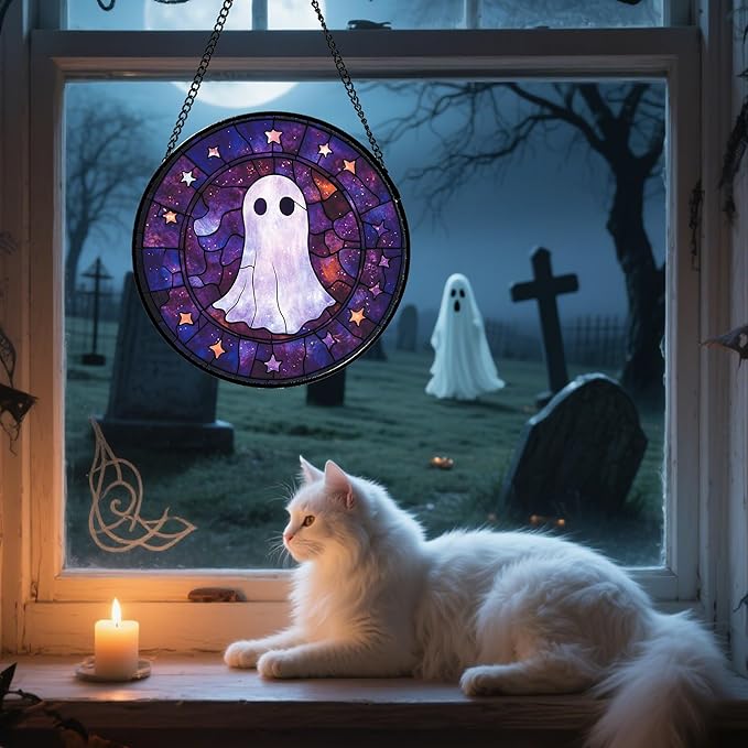 Stained Glass Window Hanging - Halloween White Star Ghost Purple Starry Sky Suncatcher for Doors Garden Indoor Spooky Sun Catchers Gothic Decor Horror Gifts for Women Men Friend 11.8 in