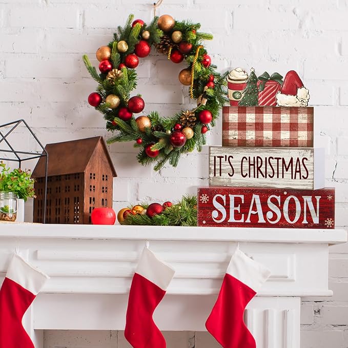 4 Pcs Wooden Christmas Tabletop Decor Xmas Tiered Tray Decor Winter Centerpiece Decorative Santa Hat Hot Cocoa Gift Box Tree Block Signs Gift Farmhouse Table Decoration for Home Kitchen