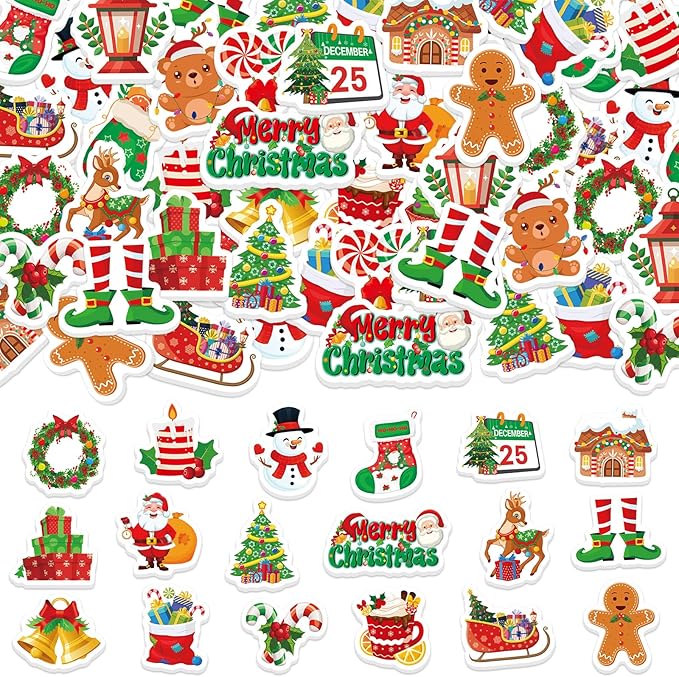 300Pcs Christmas Foam Stickers, Cute Self-Adhesive Xmas Stickers Foam Santa Claus Gingerbread Man Reindeer Sticker Decorations for Home Office School Classroom DIY Art Craft Party Supplies