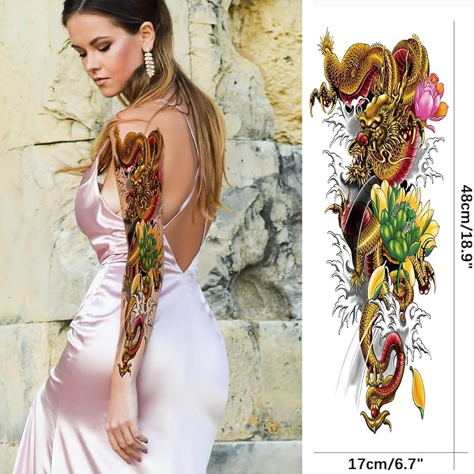 Realistic Dragon Temporary Tattoo Sleeve, 4-Sheet Full Arm Color Dragon Floral Fake Tattoo Sleeve Women Men Adult and 4-Sheet Large Flower Tiger Half Temp Tatoo Sticker Thigh Leg Makeup Body Art