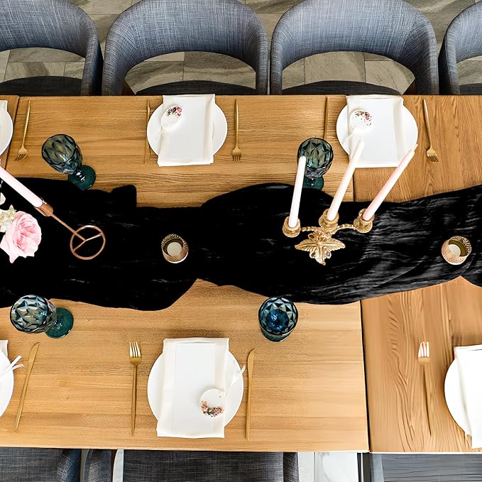 Cheesecloth Table Runner 3 Pack – 35x120 Inch (10ft) Boho Rustic Gauze Cloth Runners – Crinkle Polyester Table Decor for Wedding, Baby Shower, Bridal Shower, Birthday Party and More (Black)