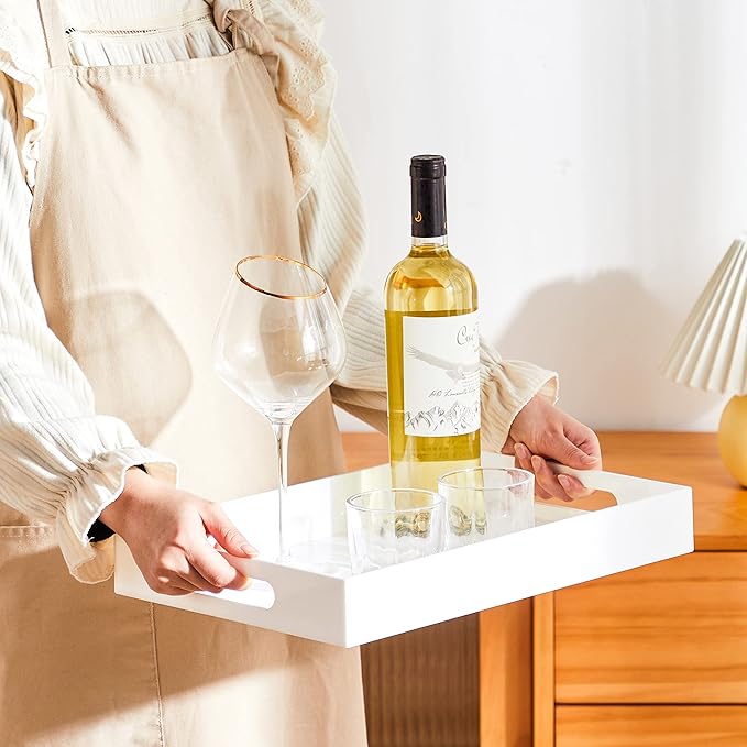 Glossy White Sturdy Acrylic Serving Tray with Handles 10x15x2H Inches -Spill Proof- Decorative Trays Countertop Organizer for Ottoman Coffee Table Nightstand, sidetable, Breakfast, Tea, Food