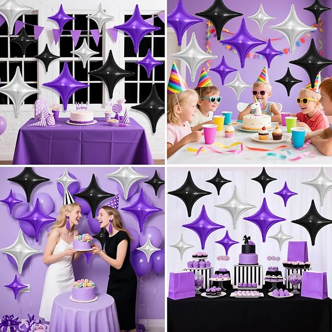 Black Purple Silver Star Balloons,12Pcs Four Angle Star Foil Balloons,26Inch and 10Inch Black Silver Quadrangle Helium Balloon for Halloween Birthday Baby Shower Anniversary Party Decorations
