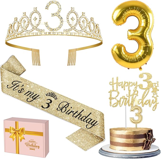 3rd Birthday Decorations for Girls with 3rd Birthday Sash and Toddler Crown, Cake Topper and Candle 3, Number Balloon, 3 Year Old Girl Gifts
