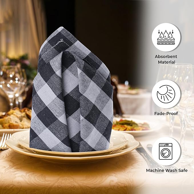Urban Villa Cotton Dinner Napkins Set of 12, Highly Absorbent Soft Premium Cloth Napkins 20x20 Inches, Hotel Quality Reusable & Washable Table Dinner Napkins for Home - (Grey/Black, Buffalo Checkerd)