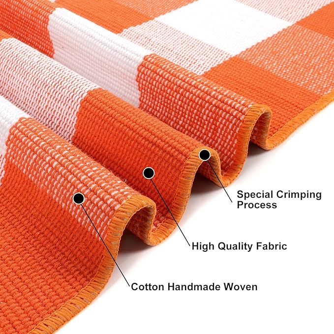 KIMODE Fall Outdoor Rug Orange and White 3'x5',Washable Cotton Halloween Front Door Rug,Farmhouse Buffalo Plaid Layering Rugs,Reversible Fall Door Mat for Entryway,Halloween Front Porch Decor