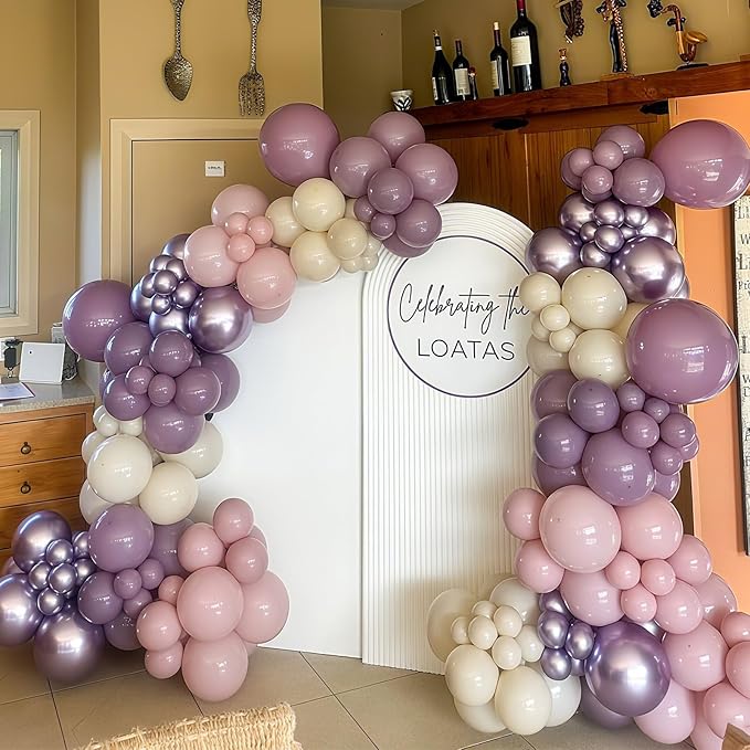 Dusty Purple Balloons Garland Arch Kit, Pink Purple Metallic Rose Gold Balloon, Lilac Retro Pink Sand White Balloon for Boho Baby Shower Bridal Wedding Birthday Mother's day Butterfly Party Decoration