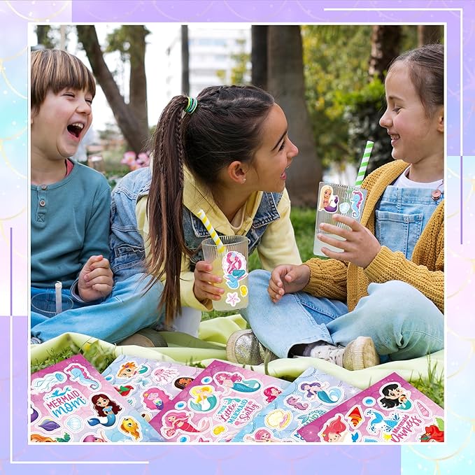24 Sheets Little Mermaid Princess Stickers for Kids, Mermaid Stickers Bulk Preschool Sticker Sheets for Reward Craft Scrapbooking Water Bottles Gifts Bags Cards Envelopes Party Favors Supplies