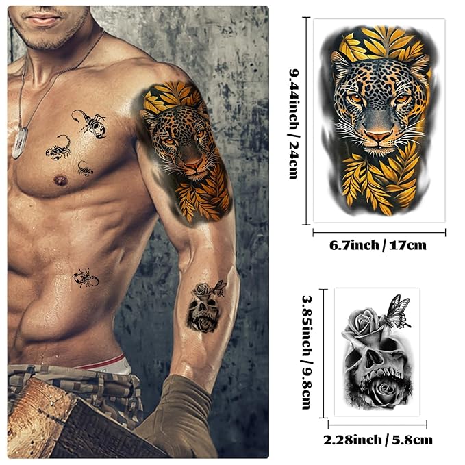 36 Sheets Temporary Tattoo for Men Women Adults, 12 Sheets Large Size Black 3D Half Sleeve Fake Tattoos, Halloween Tattoos Scary Lion Wolf Tiger PantherSnake Skull Skeleton Tattoos Stickers