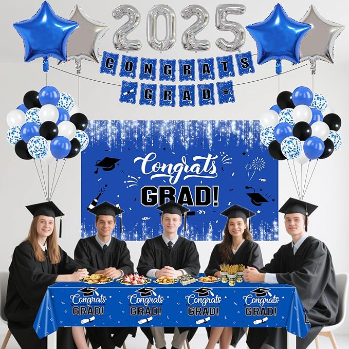 2025 Graduation Party Decorations, 195PCS Class of 2025 Decorations Include Congrats Grad Banner, Backdrop, Tablecloth,Ballons,Graduation Paper Plates,Cups and Napkins