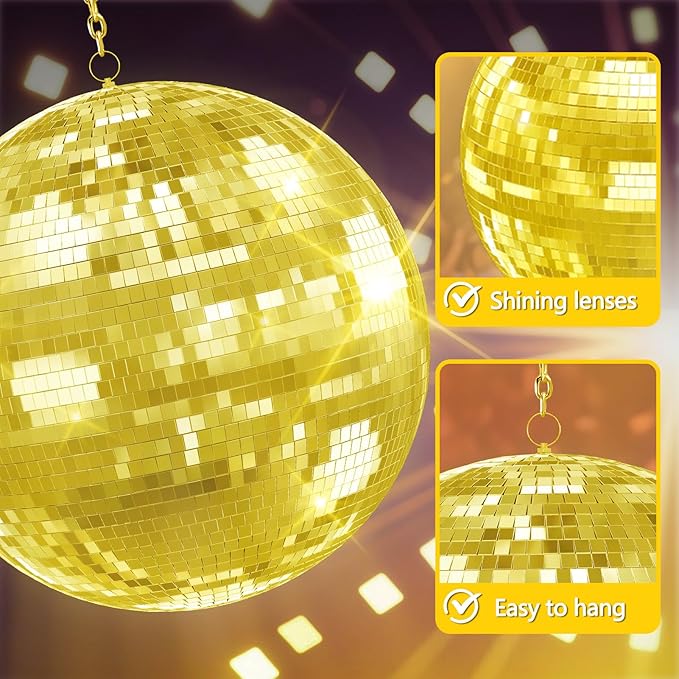 Disco Ball, 12/16/20 Inch Hanging Disco Ball, Mirror Ball for Party Decoration, Wedding, DJ Club, Stage, Birthday, Christmas, New Years Celebration (Golden, 12Inch)